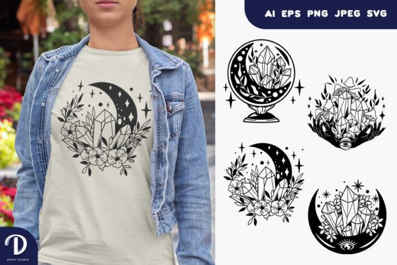 Crescent Moon with Crystals SVG Bundle: Graphics for Crafts